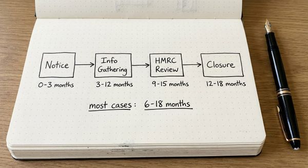 Hand-drawn biro sketch showing four-stage HMRC R&D enquiry timeline from notice to closure