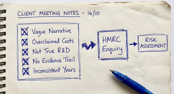 Hand-drawn biro sketch showing R&D tax credit claim mistakes that trigger HMRC enquiry checks
