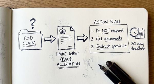 Hand-drawn sketch showing HMRC fraud allegation process for R&D tax credit claim submitted by accountant