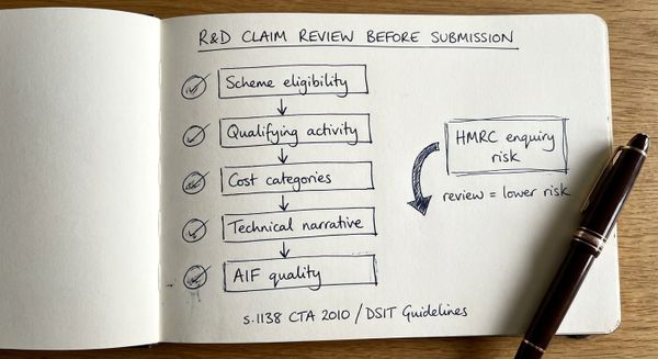 Hand-drawn sketch of R&D tax credit claim review before submission checklist