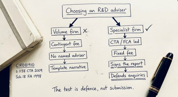 Hand-drawn sketch showing how to choose an R&D tax credit specialist UK firm with enquiry defence focus