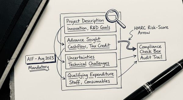Sketch diagram of HMRC R&D additional information form structure with key sections and submission process labelled