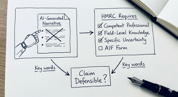 Sketch of AI-prepared R&D claim narrative with HMRC competent professional checklist annotation