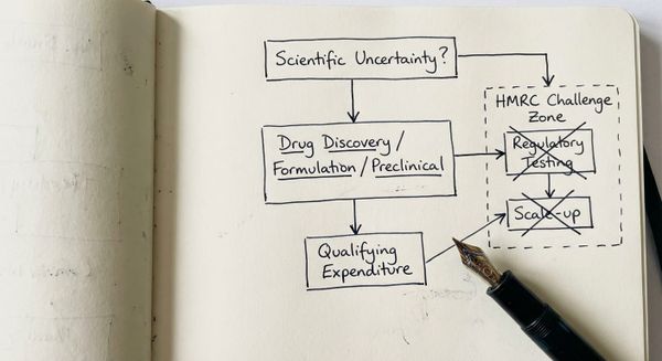 Hand-drawn sketch showing life sciences R&D tax credit qualification flowchart