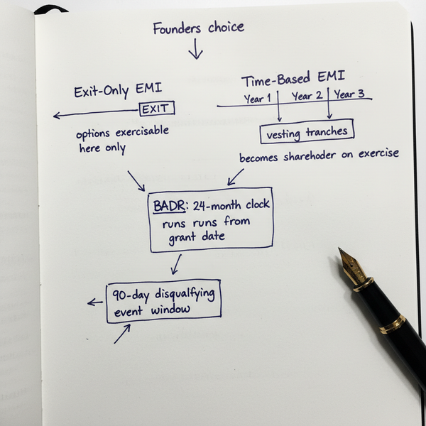 Hand-drawn sketch comparing exit-only and time-based EMI option structures for UK founders