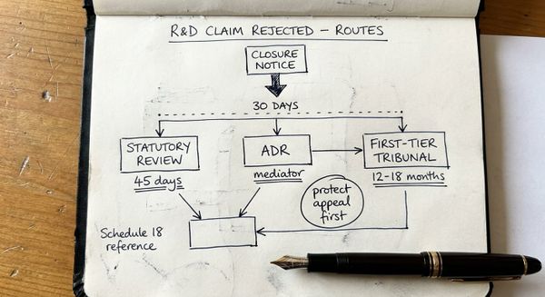 Hand-drawn sketch showing routes to challenge an R&D tax credit claim rejected by HMRC