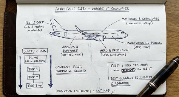 Hand-drawn sketch mapping qualifying R&D activities across an aerospace airframe and the UK defence supply chain tiers