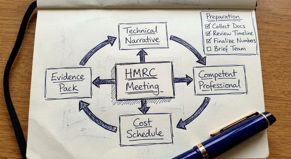 Hand-drawn sketch showing HMRC R&D meeting preparation steps including evidence pack and technical narrative