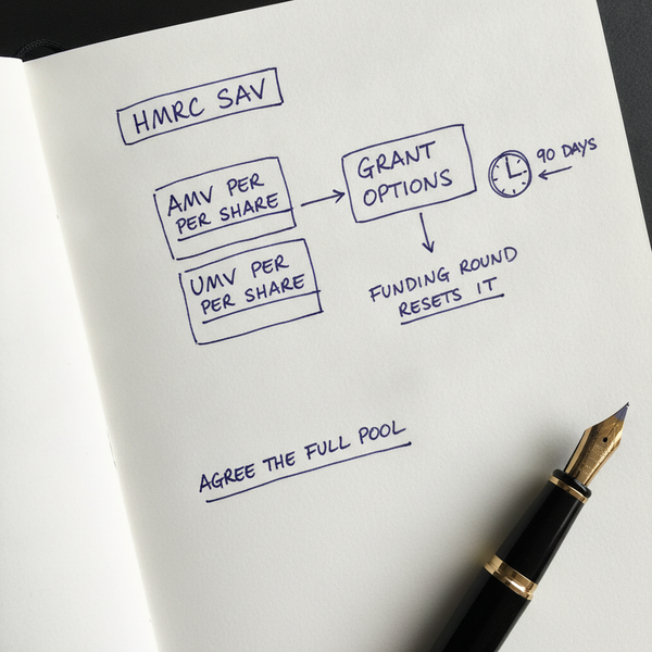 Hand-drawn sketch of an HMRC EMI share valuation: AMV and UMV per share, the 90-day agreement window and the funding round that resets it