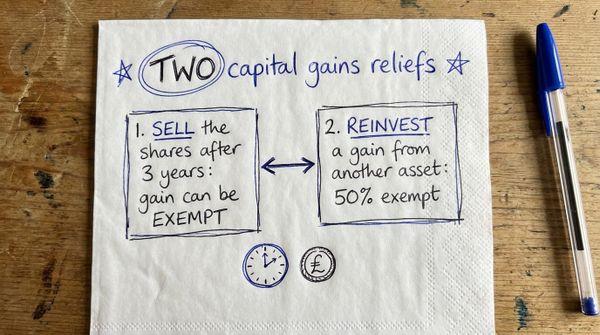 Hand-drawn napkin sketch of the two capital gains reliefs: disposal exemption and reinvestment relief