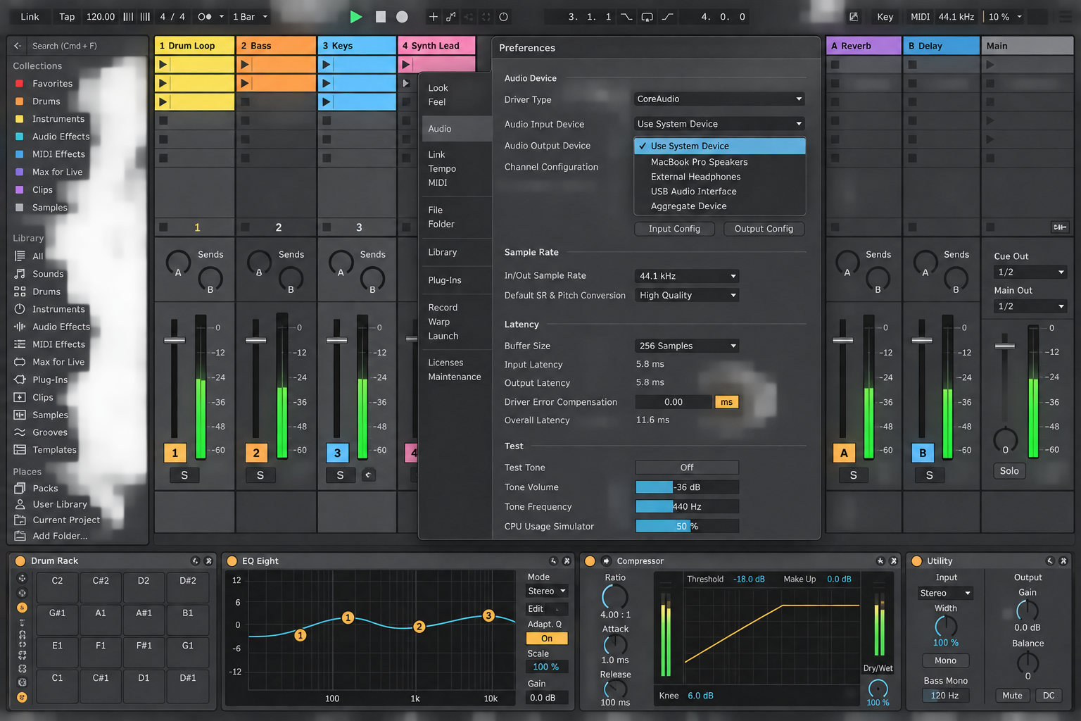 Ableton Live 12 Audio settings on macOS with Use System Device in the output menu