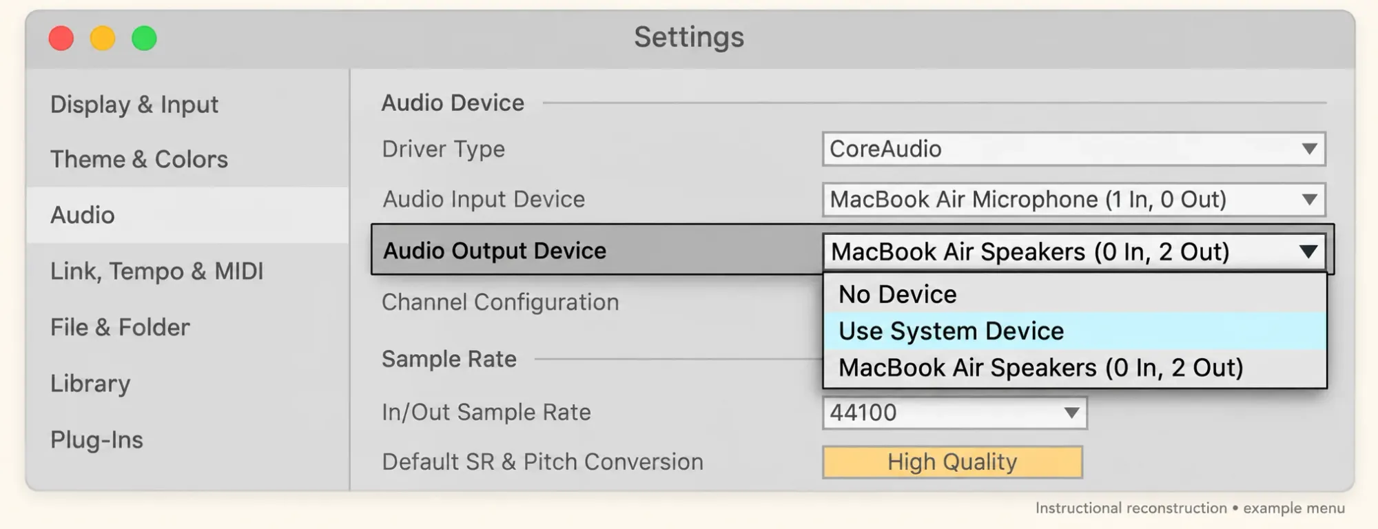 Instructional reconstruction: Ableton Live 12 Audio settings on macOS with Use System Device in the output menu