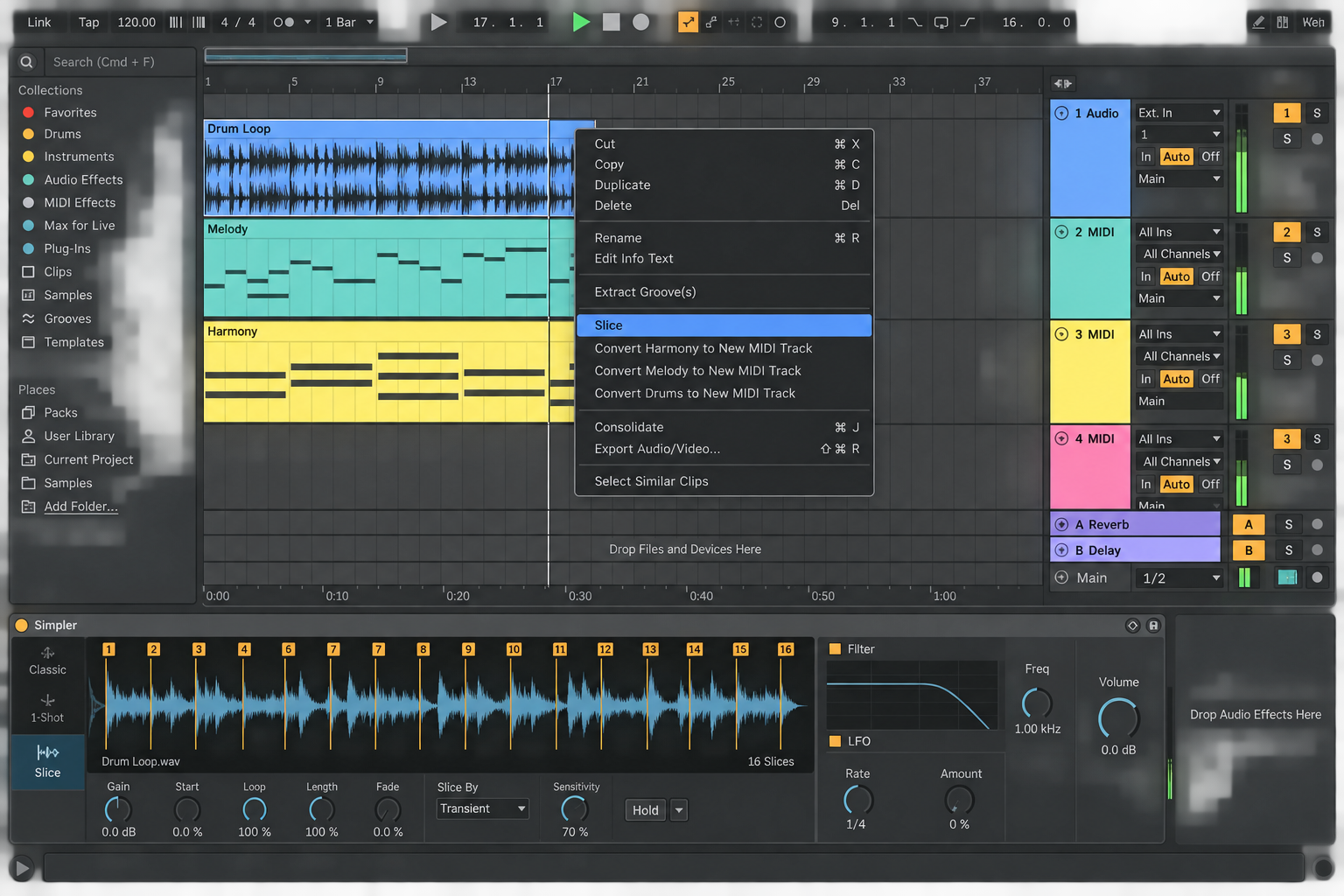 Official Ableton Live 12 context menu with Slice and Convert Harmony Melody and Drums to New MIDI Track commands