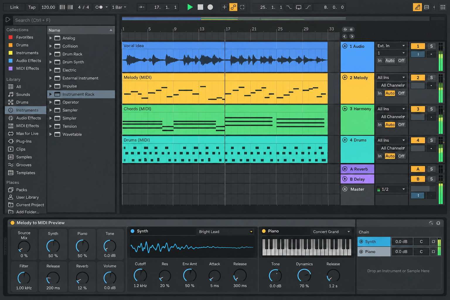 Official Ableton Live 12 Melody to MIDI Instrument Rack with Synth to Piano preview control