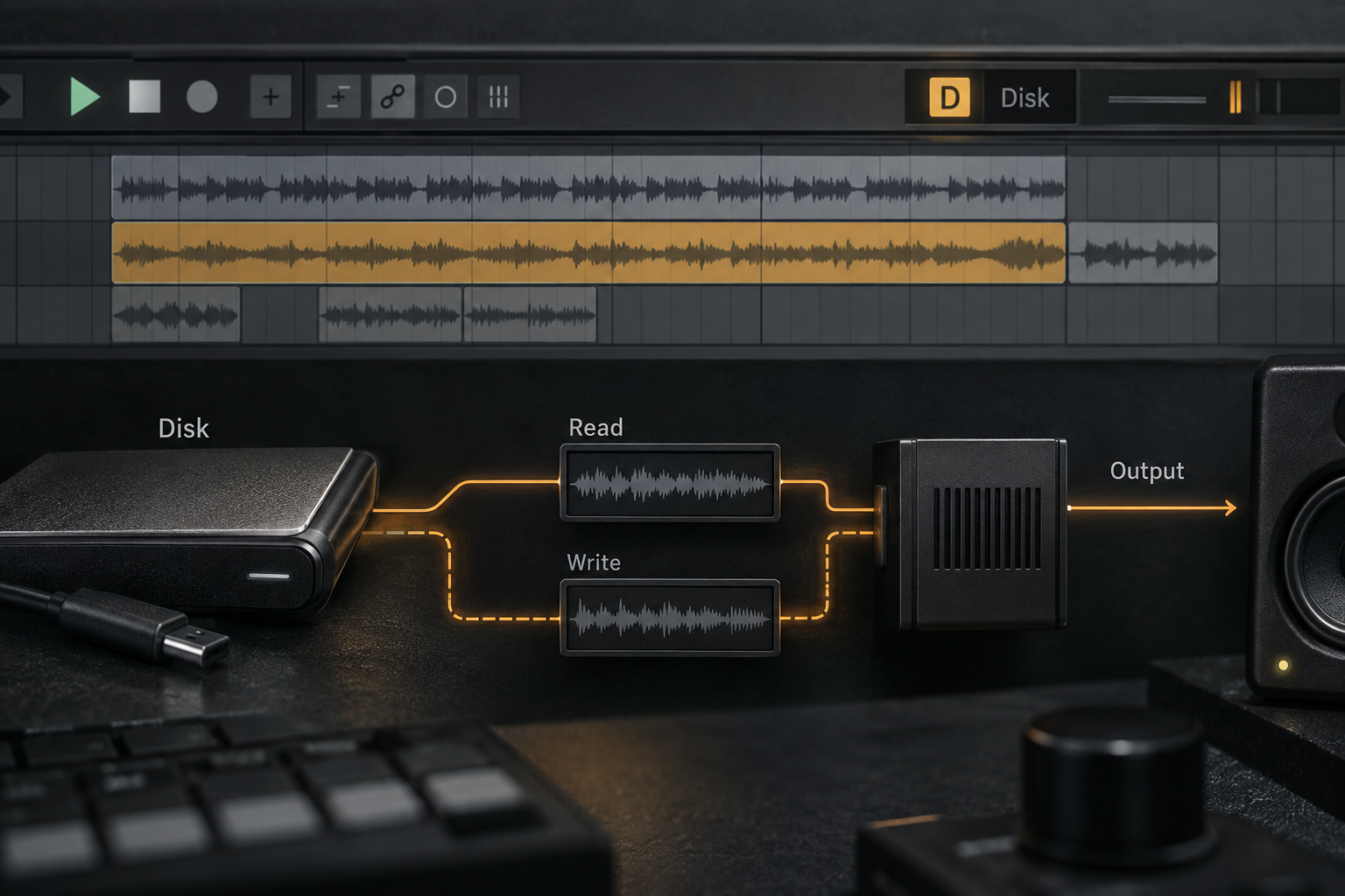 Ableton Live 12 Disk Overload D indicator used to diagnose audio read and write dropouts