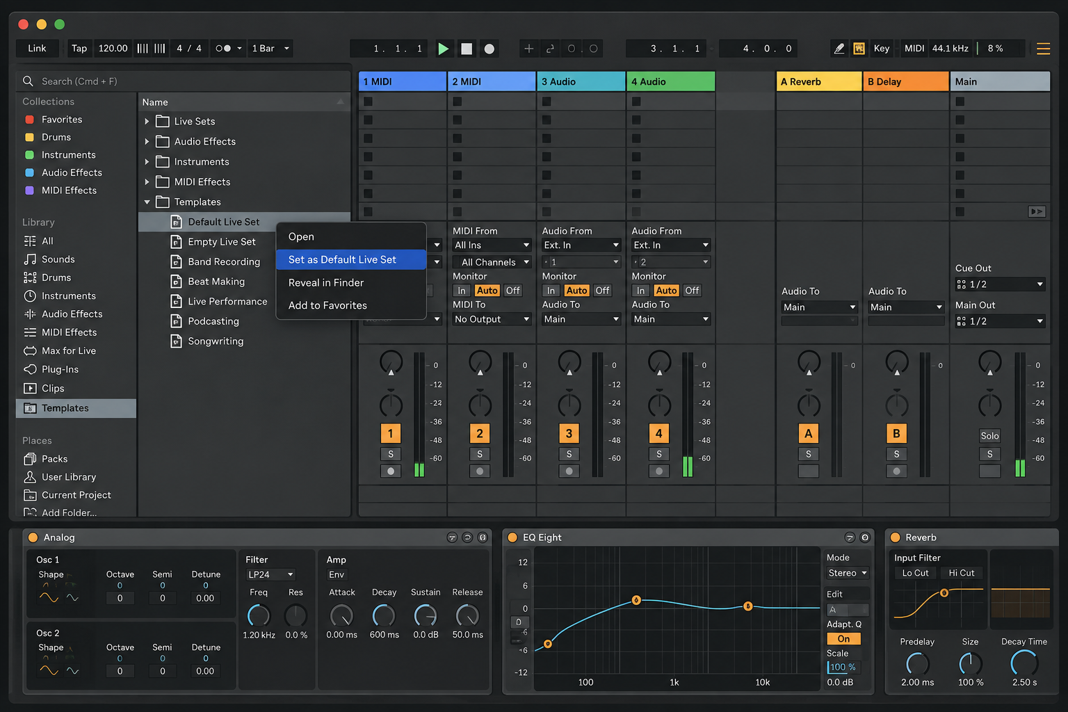 Ableton Live Browser Templates menu with Set Default Live Set selected