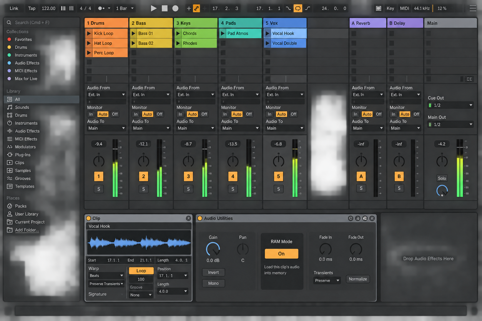 Live 12 Audio Utilities panel with RAM Mode enabled for one selected audio clip