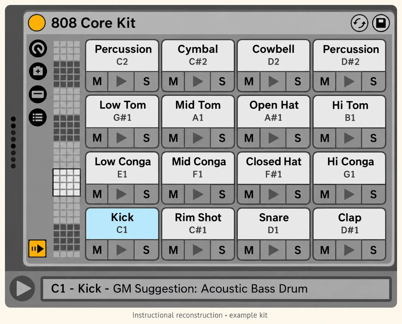 Instructional reconstruction: Ableton Live 12 Drum Rack Pad View with sixteen playable MIDI-note pads