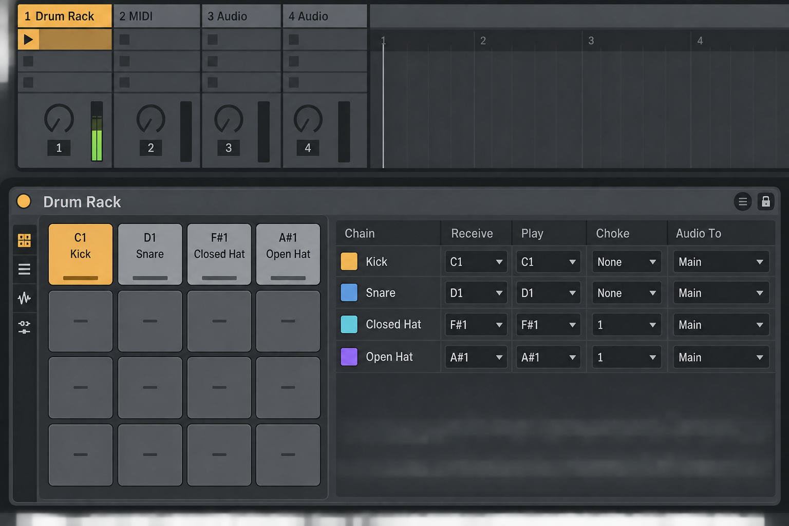 Official Ableton Live 12 Drum Rack chain list with Receive Play and Choke controls