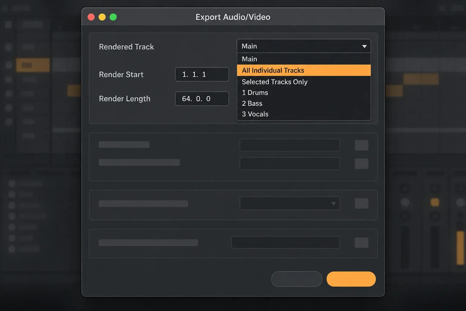 Illustrated view of the Ableton Live 12 Export Audio/Video dialog with the Rendered Track chooser open on Main, All Individual Tracks, Selected Tracks Only and single tracks