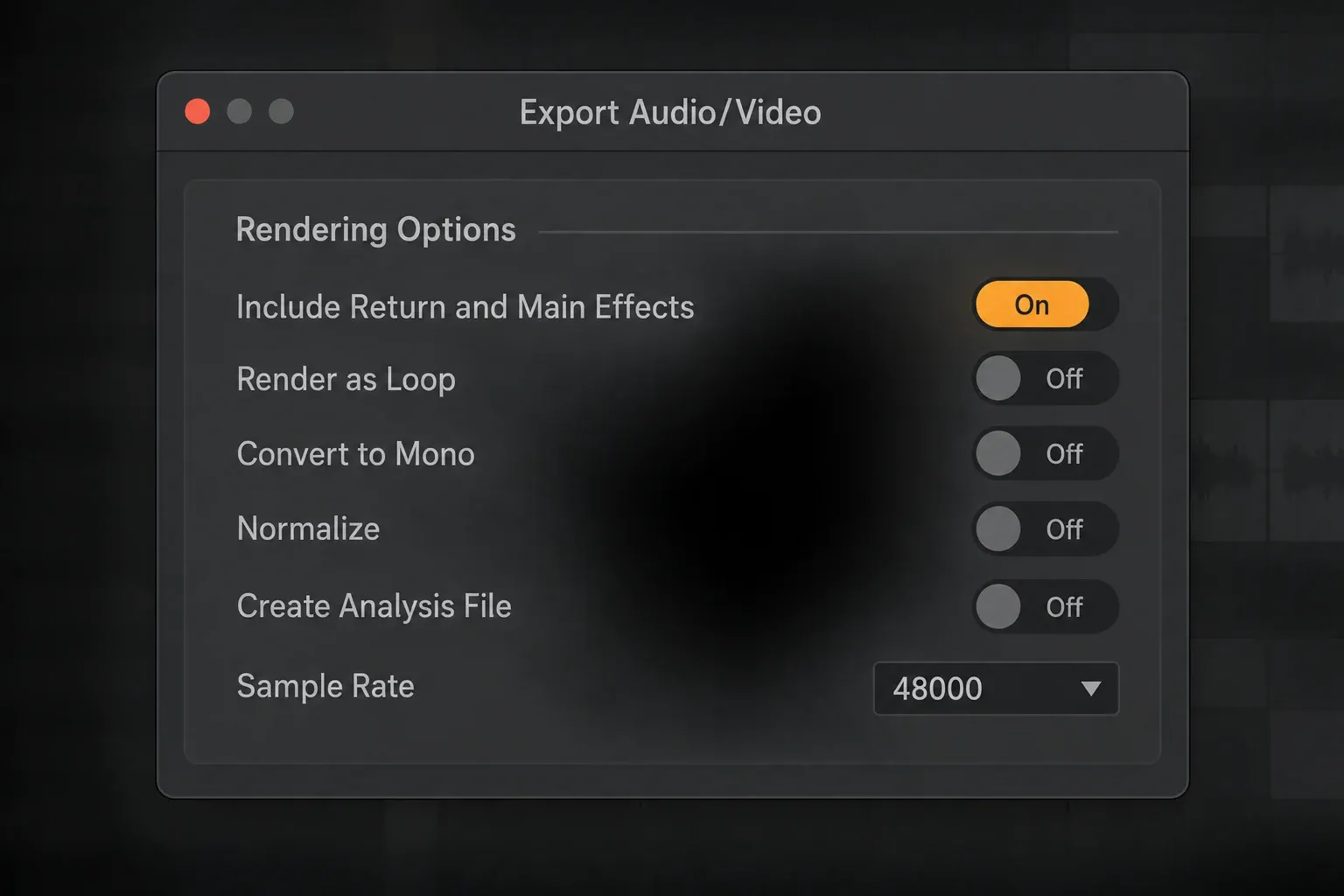 Illustrated view of Ableton Live 12 export Rendering Options: Include Return and Main Effects, Render as Loop, Convert to Mono, Normalize, Create Analysis File and Sample Rate