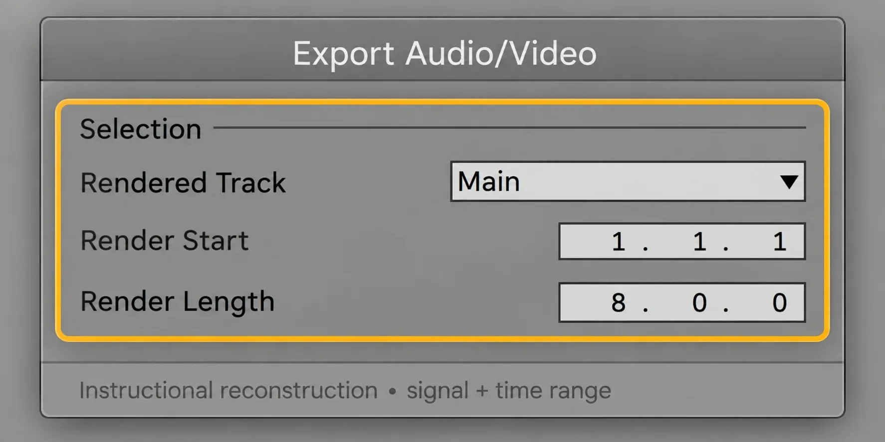 Instructional reconstruction: Ableton Live 12 export selection options with Rendered Track, Render Start and Render Length