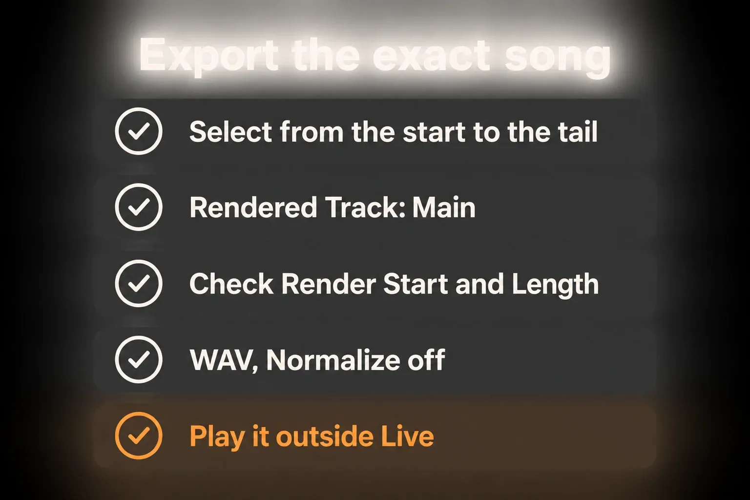 Checklist diagram for exporting the song: select from the start to the tail, Rendered Track Main, check Render Start and Length, WAV with Normalize off, play it outside Live