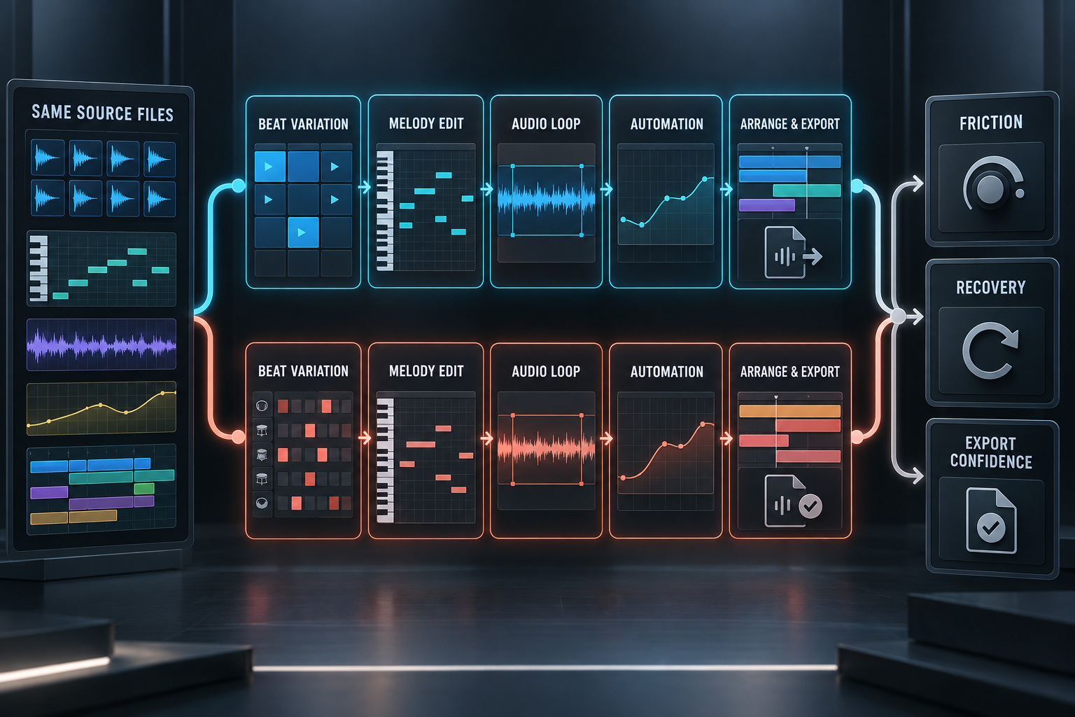Five-task Ableton Live and FL Studio comparison using the same beat melody audio automation and export requirements