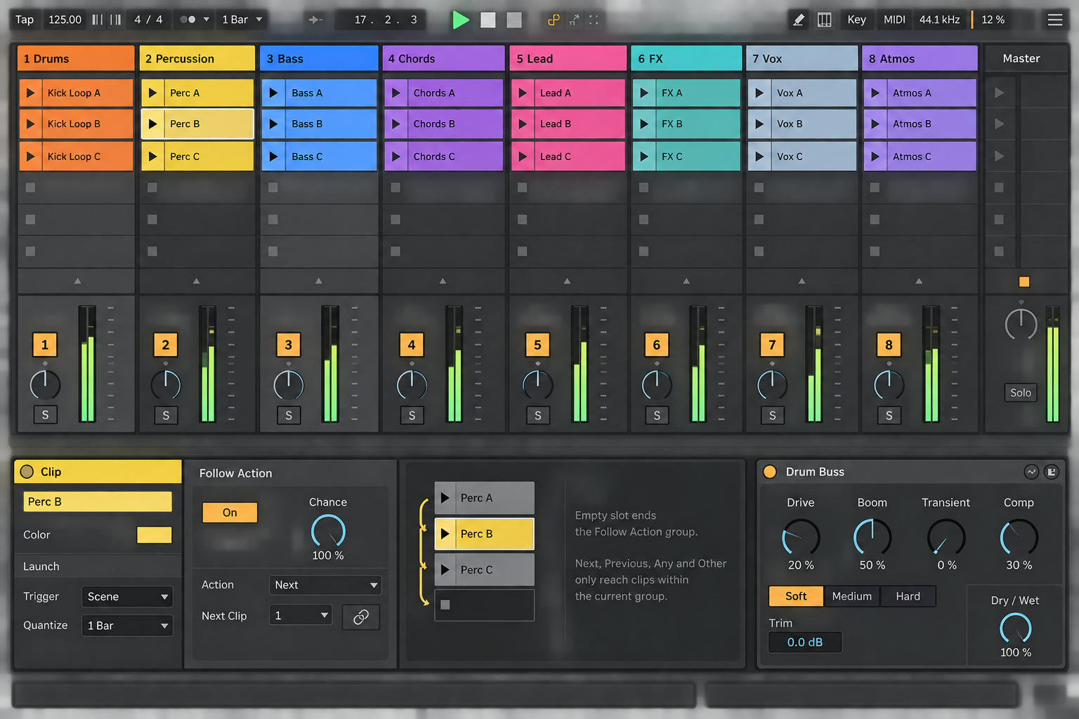 Official Ableton Live 12 Session View clips configured as a Follow Action chain
