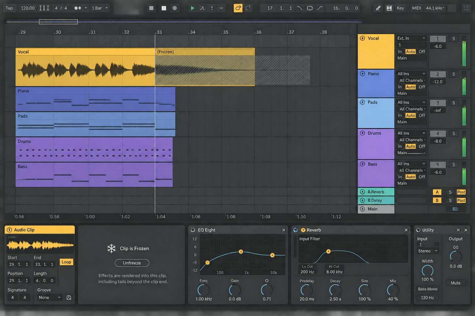 Ableton Live 12 frozen Arrangement clip with a crosshatched rendered reverb tail