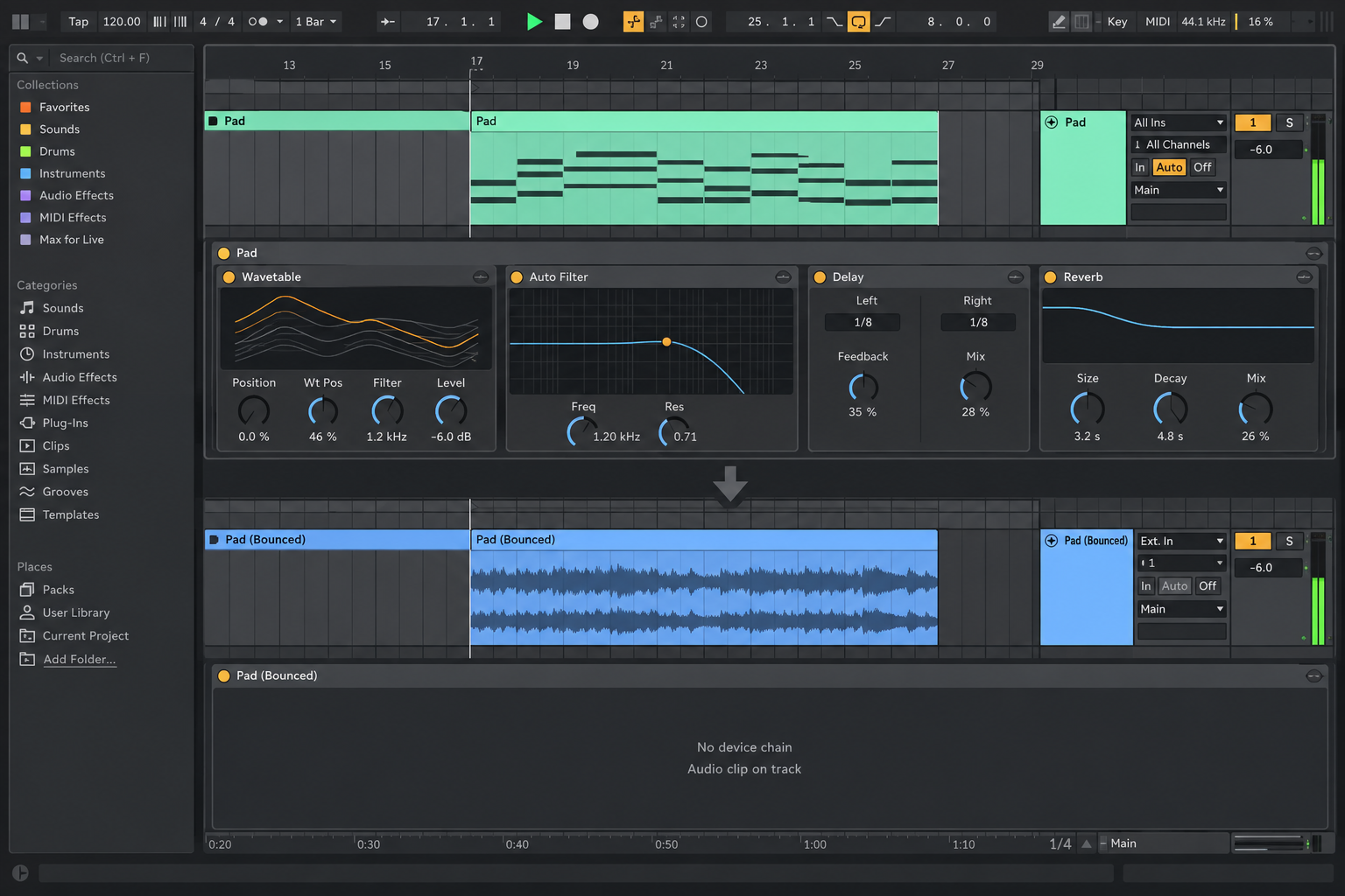 Ableton Live 12 track before and after Bounce Track in Place replaces MIDI and devices with audio