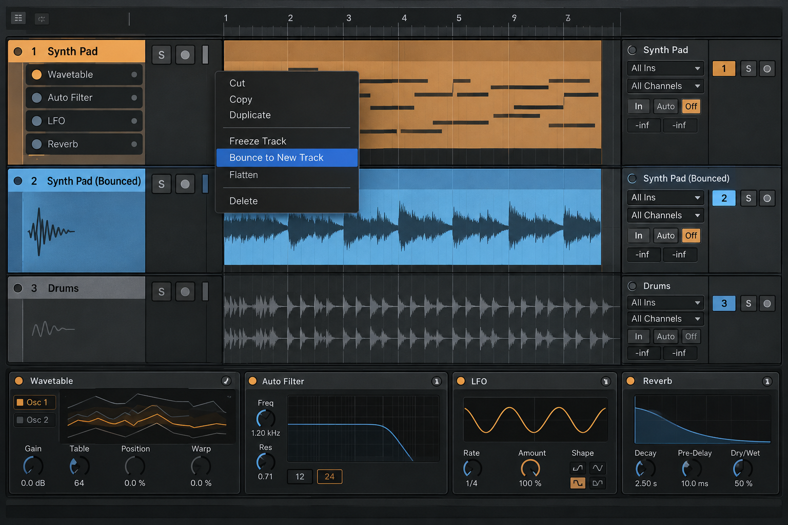 Ableton Live 12 Bounce to New Track result with preserved source and a separate bounced audio track