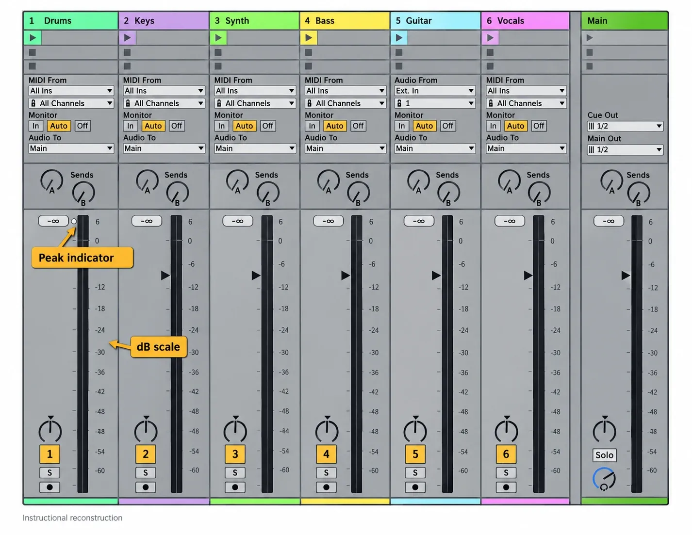 Instructional reconstruction: Ableton Live 12 expanded Session mixer with tall meters, decibel scales and peak indicators