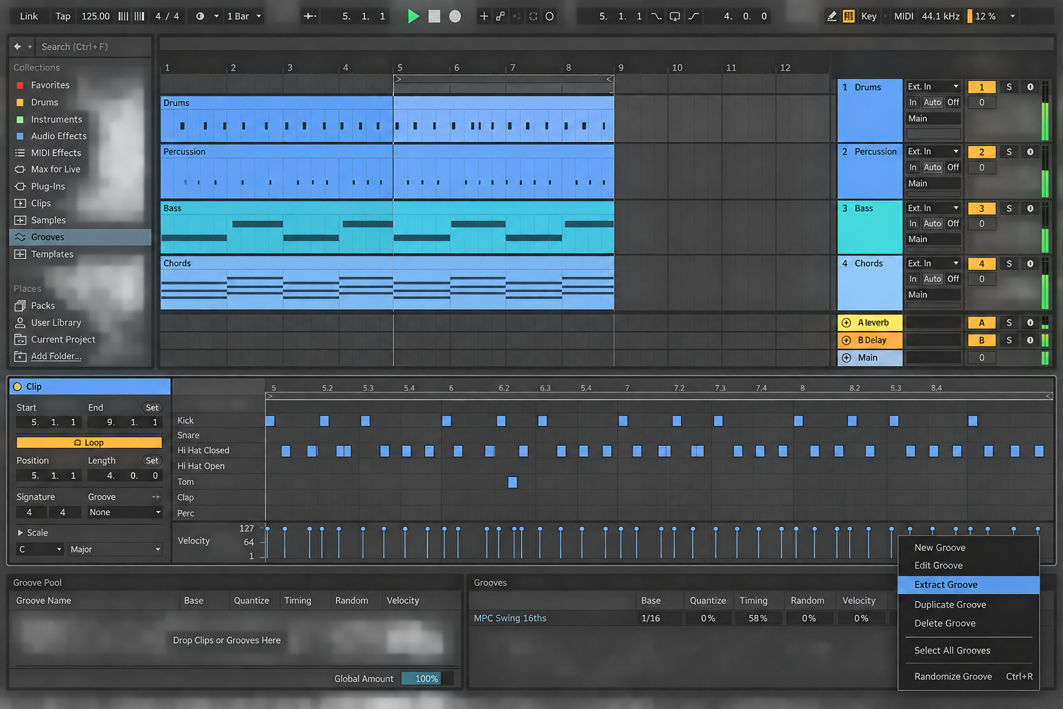 Official Ableton Live 12 Extract Groove command creating an AGR groove from a clip