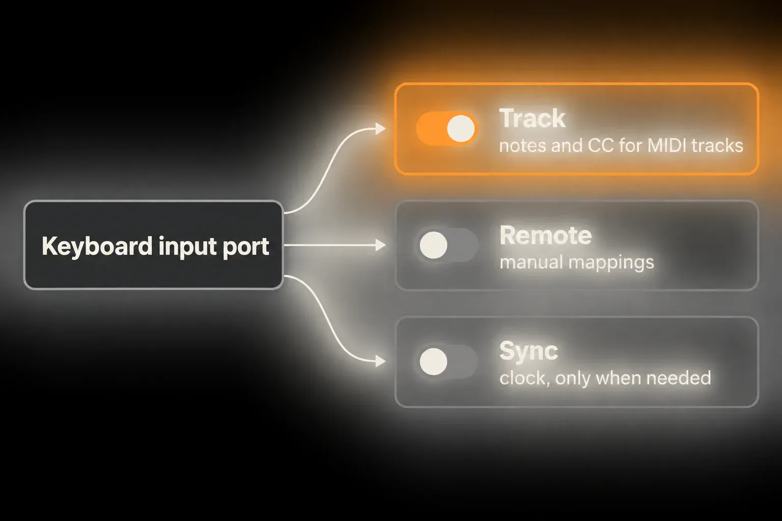 Diagram of MIDI port switches for a keyboard input port: Track on for notes and CC for MIDI tracks, Remote for manual mappings, Sync for clock only when needed