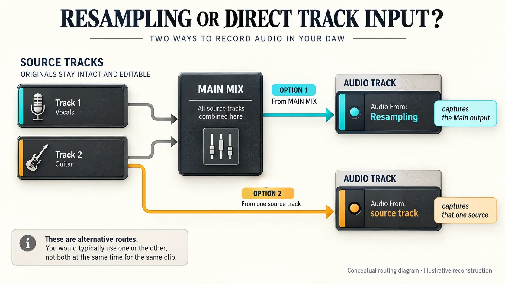Conceptual routing diagram comparing Main mix resampling with recording a single source track to a new audio track while original tracks remain editable