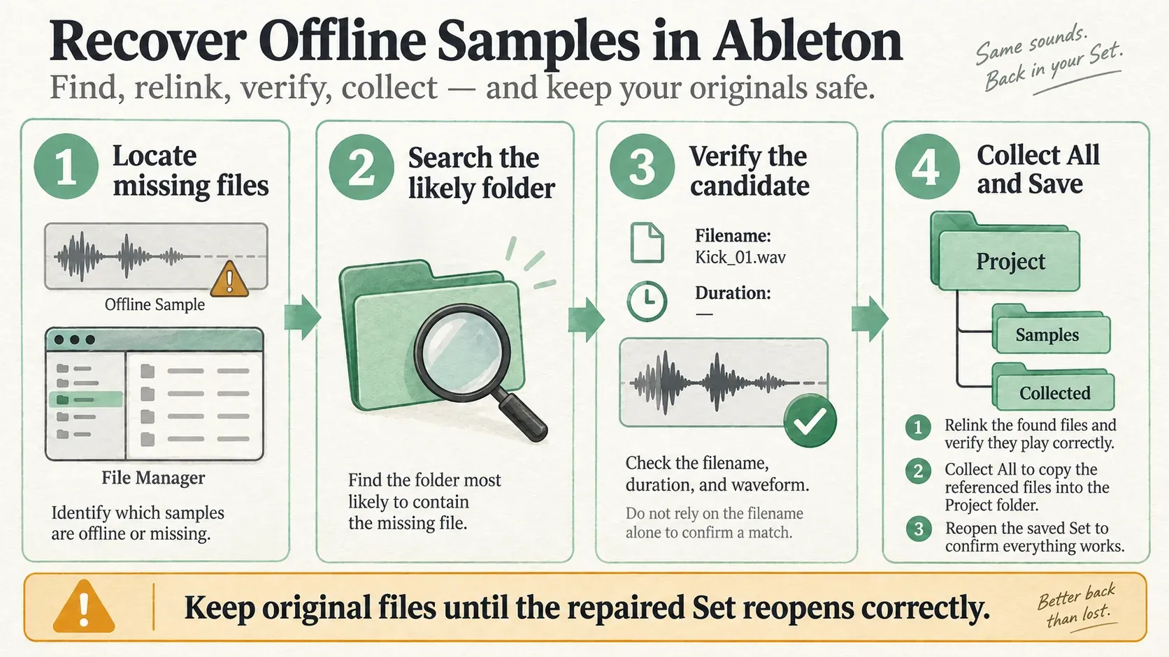 Four-stage infographic: locate missing sample, search likely folder, verify the match, collect and reopen the Set