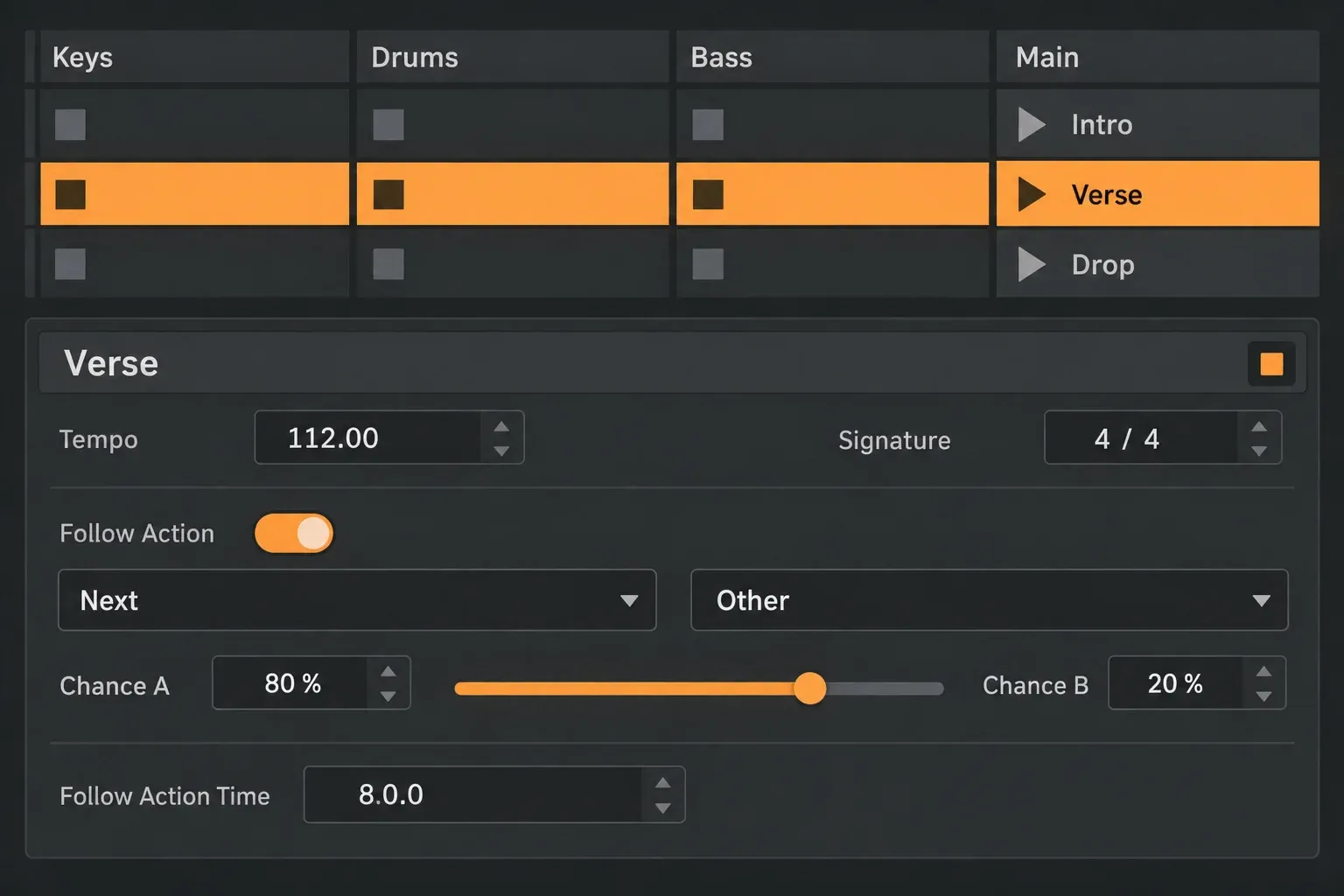 Illustrated view of the Ableton Live 12 Scene View for a Verse scene with Tempo 112.00, Signature 4/4 and Follow Action Next and Other at 80 and 20 percent