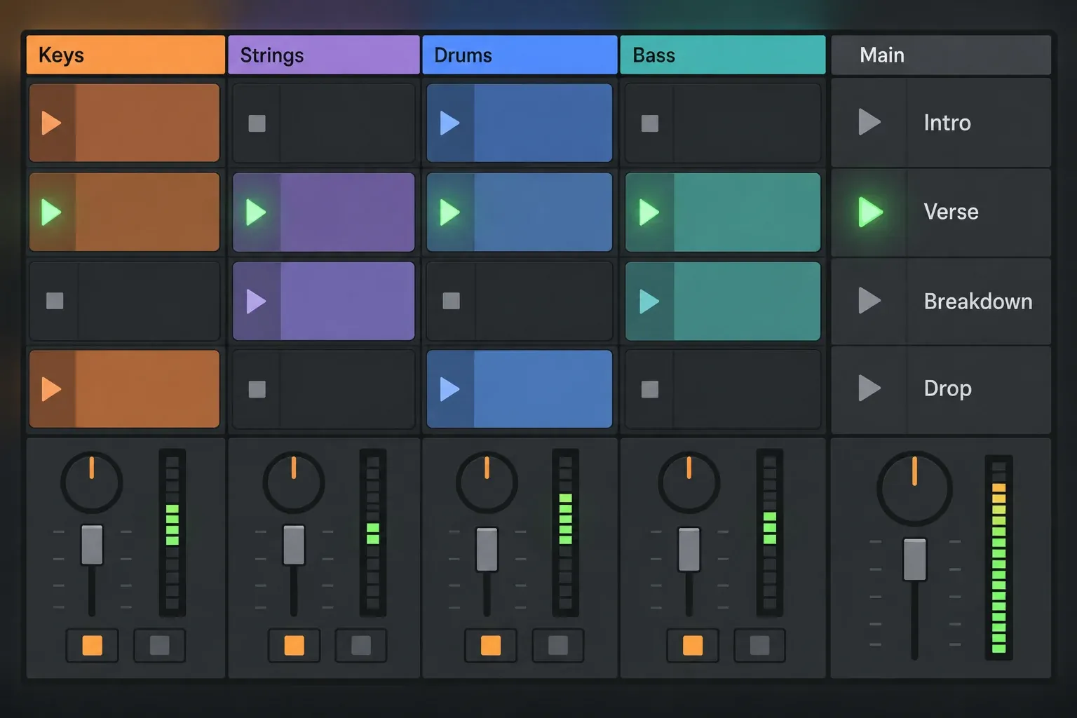 Illustrated view of Ableton Live 12 Session View with Keys, Strings, Drums and Bass tracks, scene rows Intro, Verse, Breakdown and Drop, and the Verse scene playing
