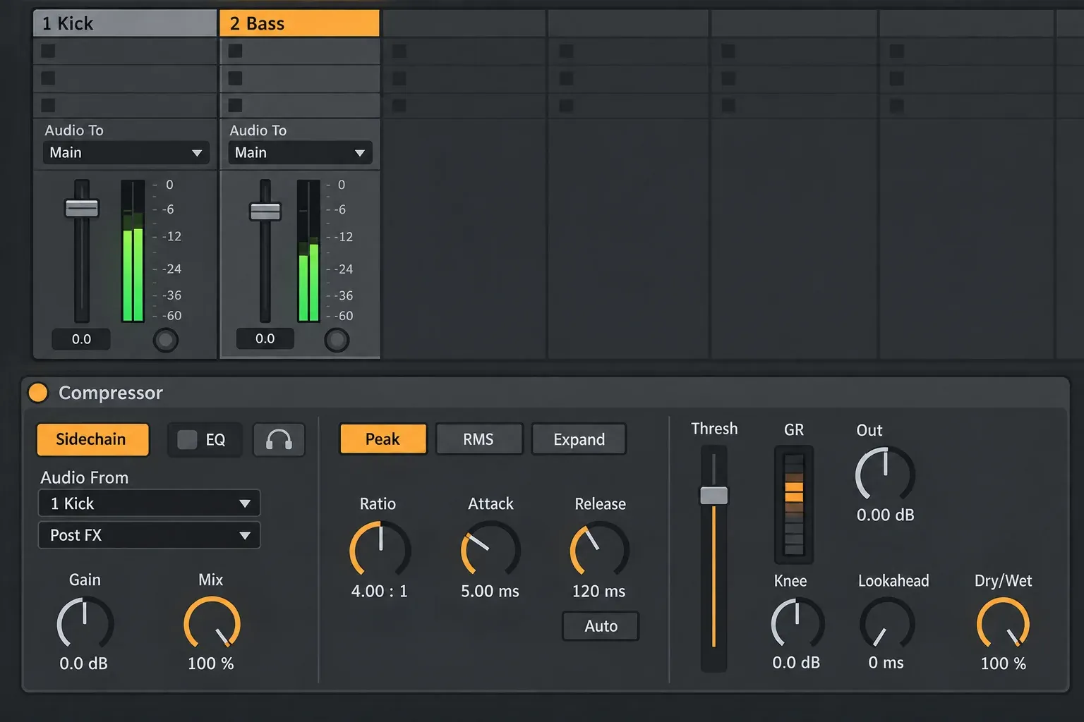 Illustrated view of Ableton Live 12 Compressor on the 2 Bass track with Sidechain on, Audio From set to 1 Kick at Post FX, Peak mode and Ratio 4:1