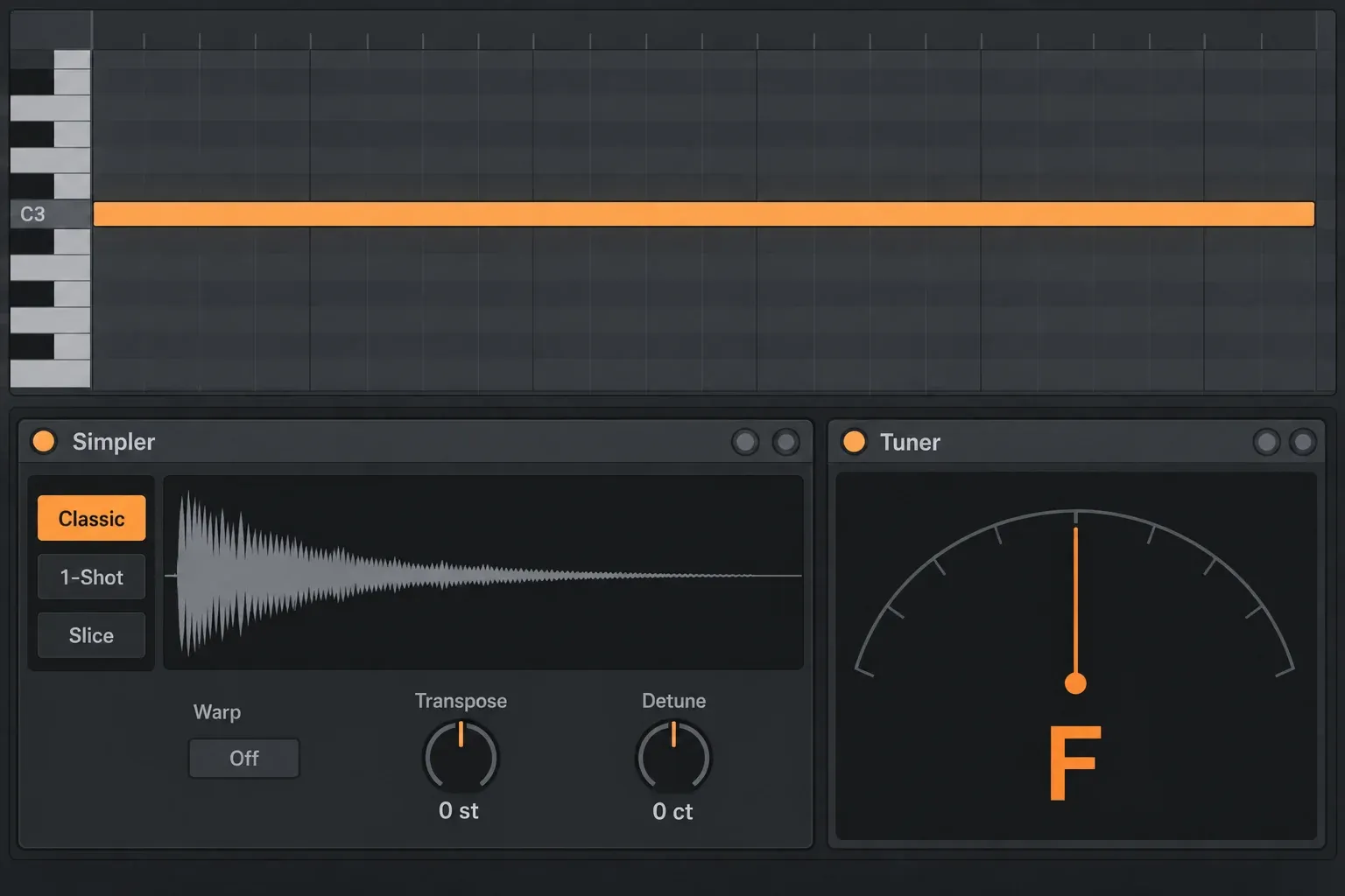 Illustrated view of Ableton Live 12 with one C3 note in the MIDI editor, Simpler in Classic mode with Warp off, Transpose 0 st and Detune 0 ct, and Tuner reading F