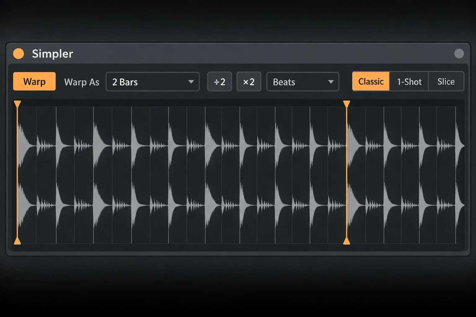 Illustrated close-up of Ableton Live 12 Simpler warp controls with Warp on, Warp As 2 Bars, the half and double buttons and Beats mode