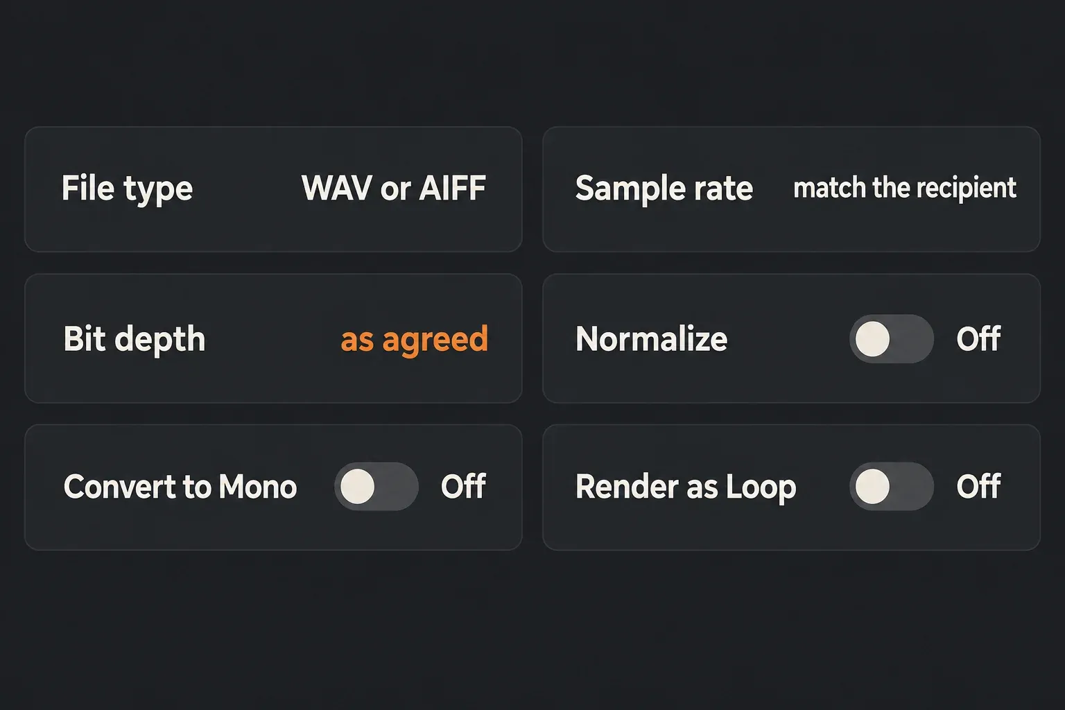 Stem export settings checklist: file type WAV or AIFF, sample rate matching the recipient, bit depth as agreed, Normalize off, Convert to Mono off, Render as Loop off