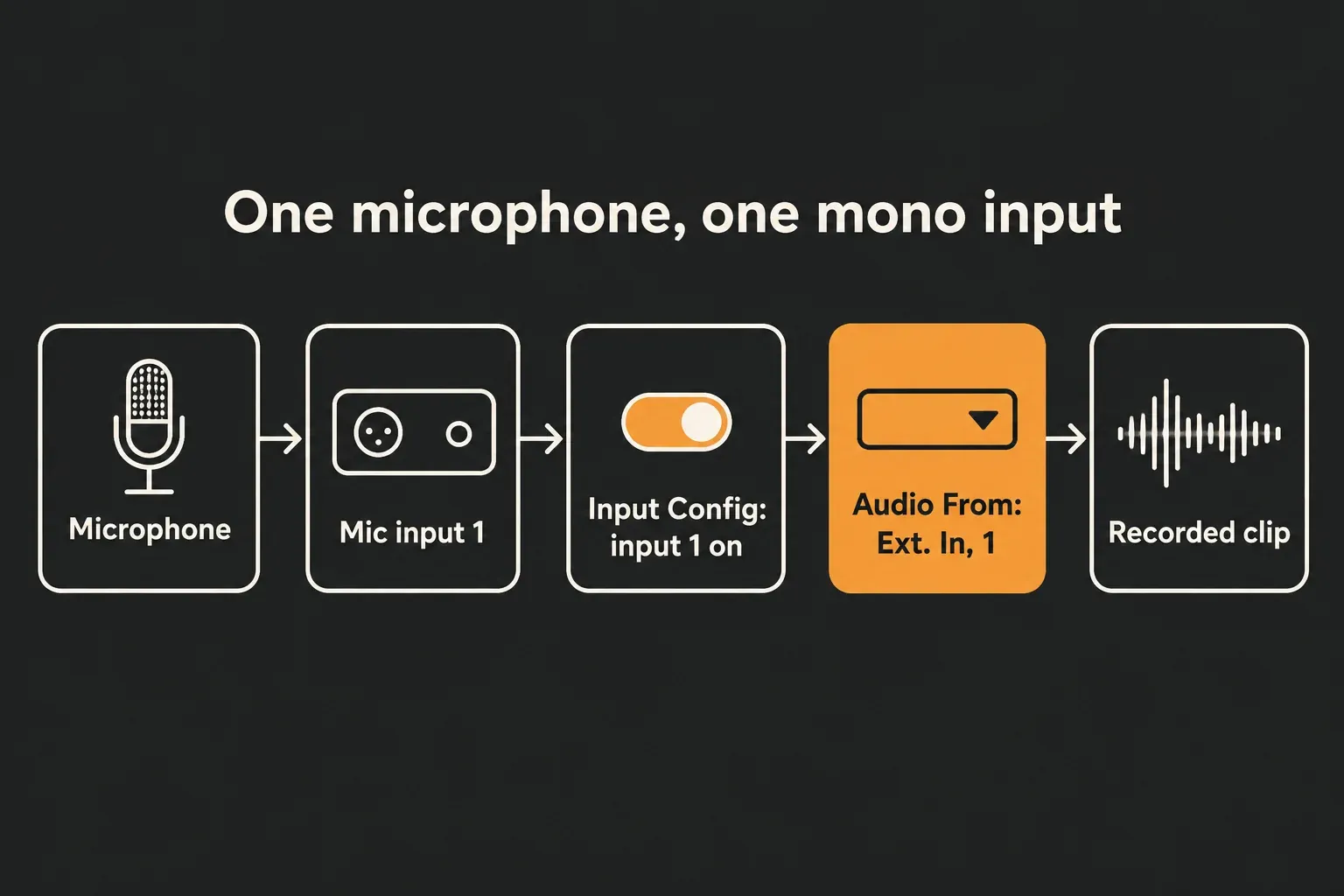 Diagram of the vocal input path: microphone, mic input 1, Input Config with input 1 on, Audio From Ext. In channel 1, and the recorded clip