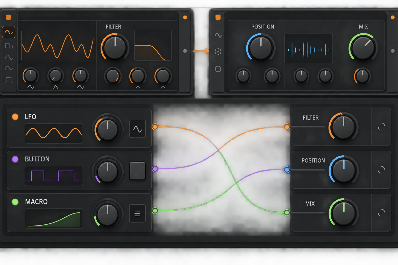 Official Bitwig Studio 6 modulation panel mapping LFO, buttons and a macro to effect parameters