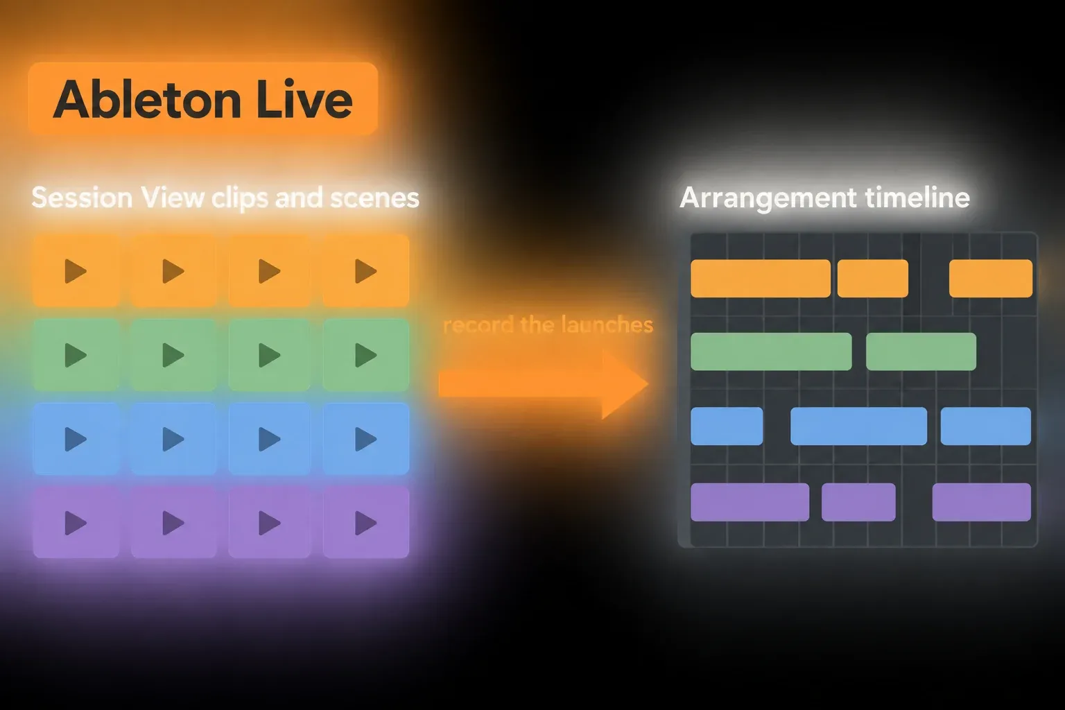 Workflow diagram for Ableton Live: Session View clips and scenes, with their launches recorded into the Arrangement timeline