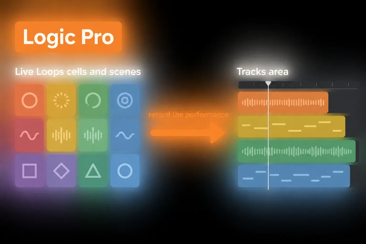 Workflow diagram for Logic Pro: Live Loops cells and scenes, with the performance recorded into the Tracks area