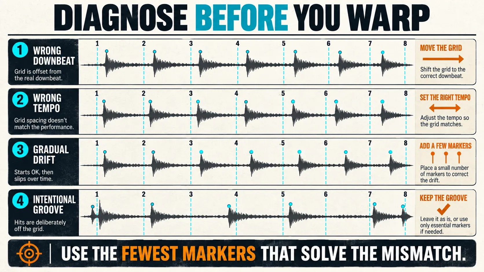 Editorial infographic: Four waveform diagnoses for a wrong downbeat, wrong tempo, gradual timing drift and intentional groove before warping