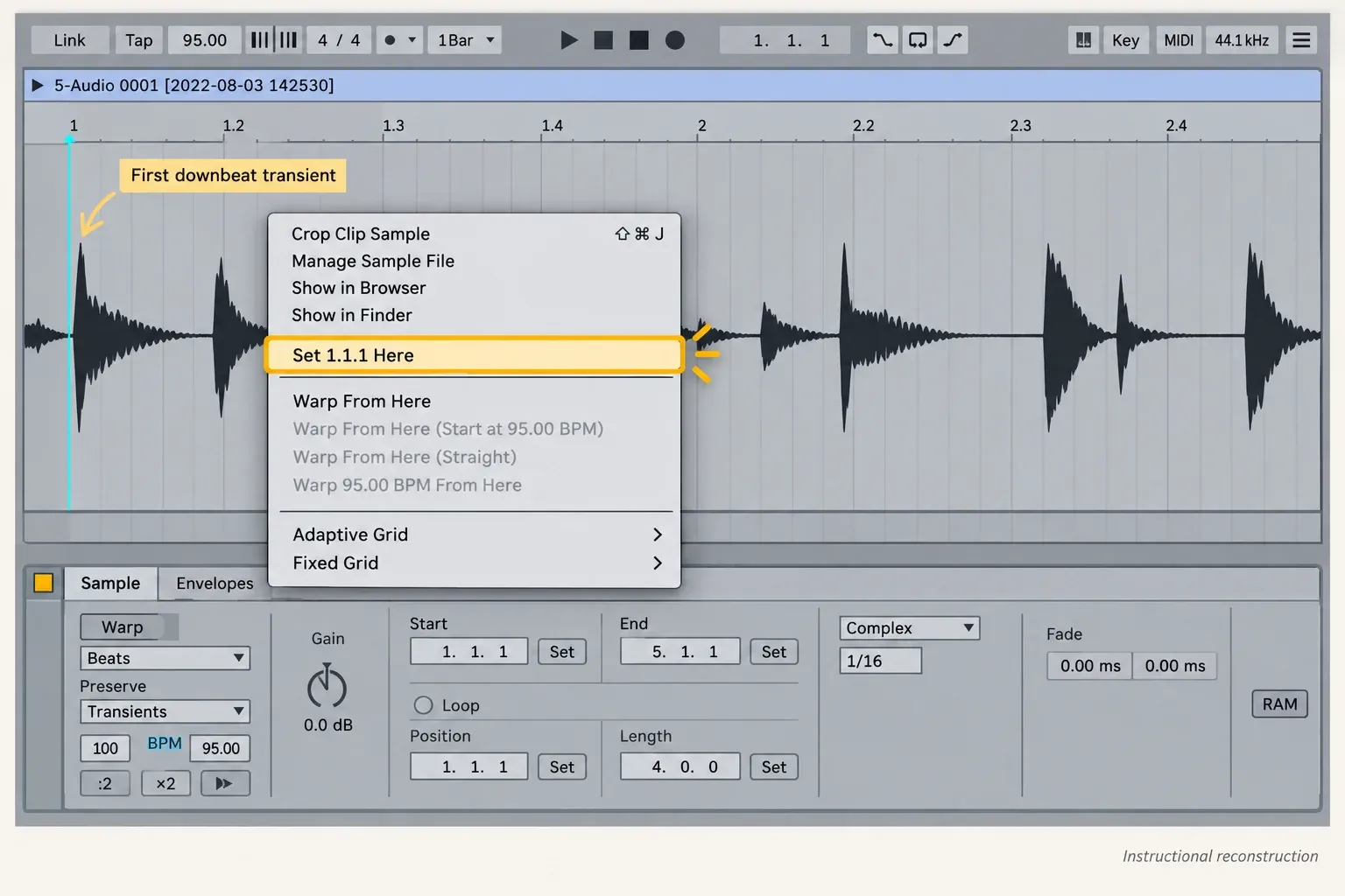 Instructional reconstruction: Ableton Live 12 Set 1.1.1 Here command applied at a clip's true first downbeat