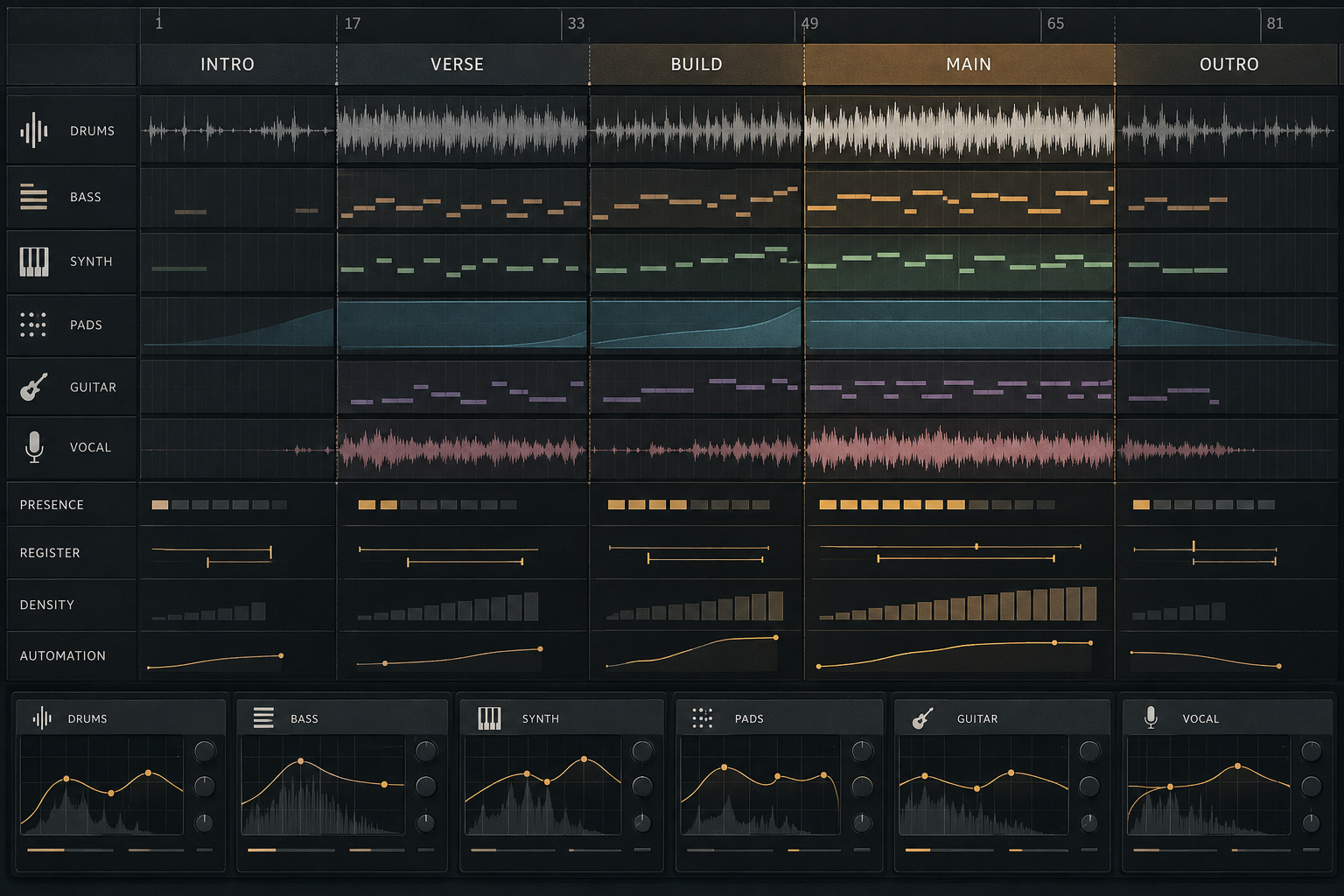 Arrangement density map showing the same six roles changing across intro, verse, build, main and outro